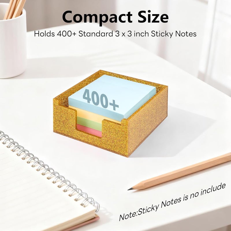 Luminzo Gold Sparkling Sticky Note Holder, Glitter Acrylic Organizer, 3.94 x 3.94 in Multi-Use Tray for Office, School & Home Desk - Image 3